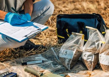 Image of field employee in the field, filling up bags with samples and noting work on a clipboard.